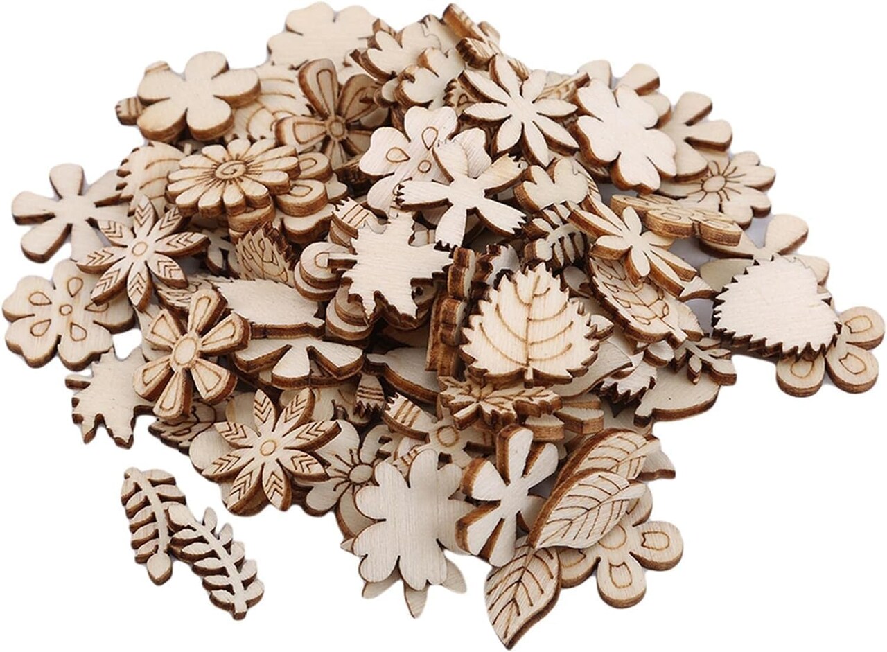 100 Pcs Unfinished Wooden Flower Wood Slice Leaf Pattern Cutouts